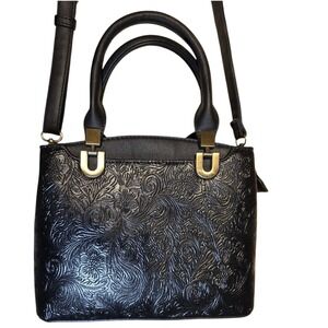 Handmade leather Handbag Top Handle Crossbody Black Striped Interior Small